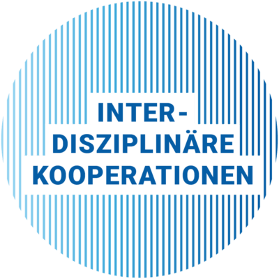 Die Aufschrift Interdisziplinäre Kooperationen in blauem Kreis