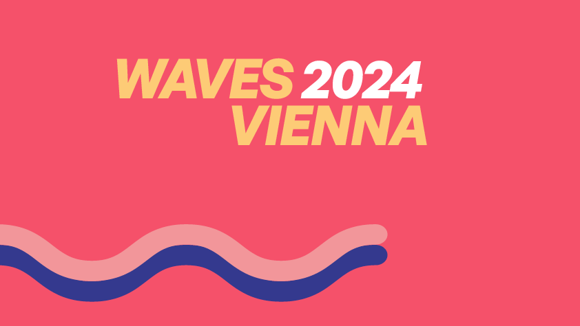 Pinker Hintergrund mit gelber Aufschrift Waves Vienna 2024. Unten eine rosa-blaue Welle.